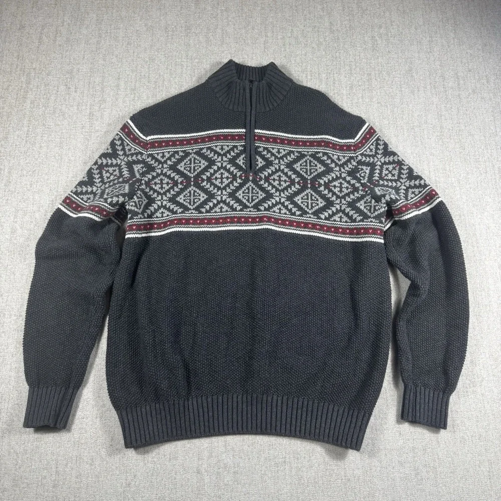 IZOD Men's Large Gray Fair Isle 1/4 Zip Cotton Blend Pullover Sweater
